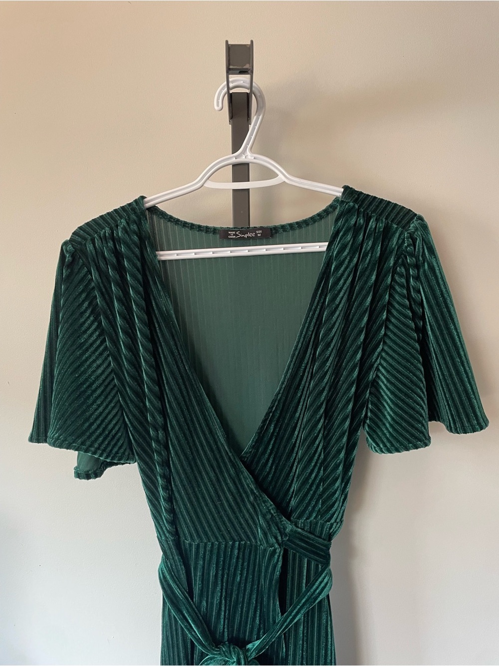 Simplee Ribbed Velvet Velour Maxi Wrap Dress Green Size Medium - Picture 4 of 9